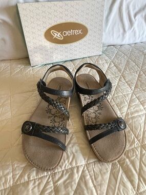 Aetrex Women's Black Braided Leather Ankle-Strap Sandals